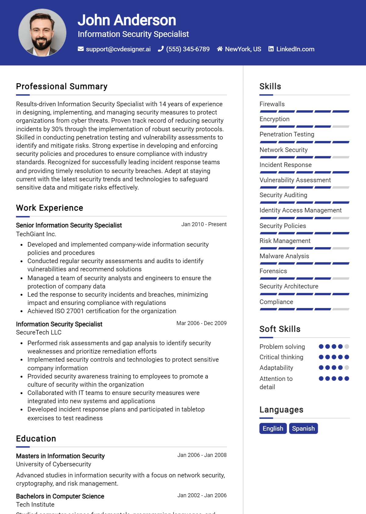 Information Security Specialist Resume Example