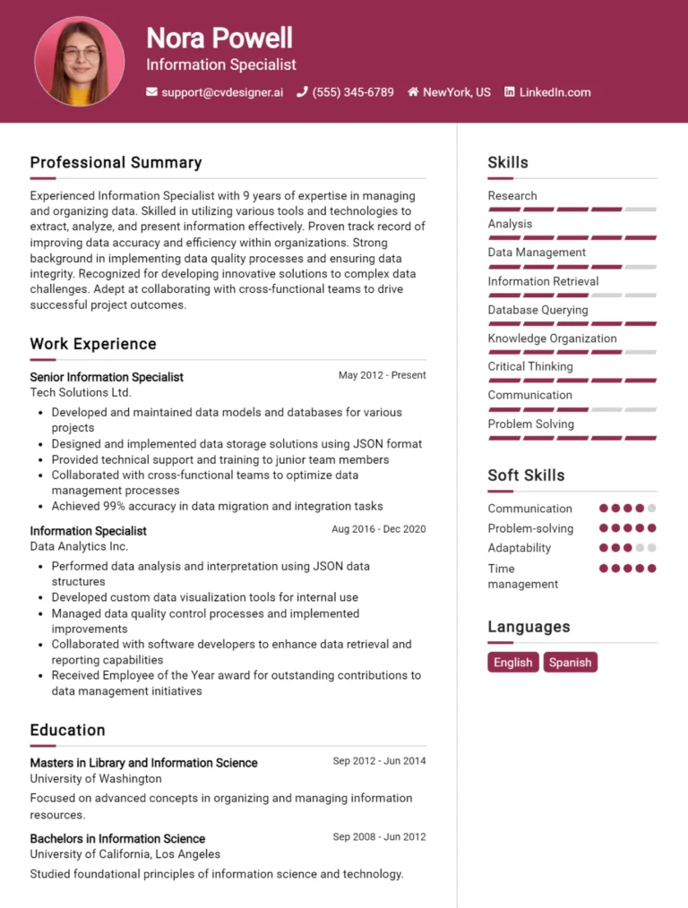 Information Specialist CV Example For 2025: Professional CV Templates