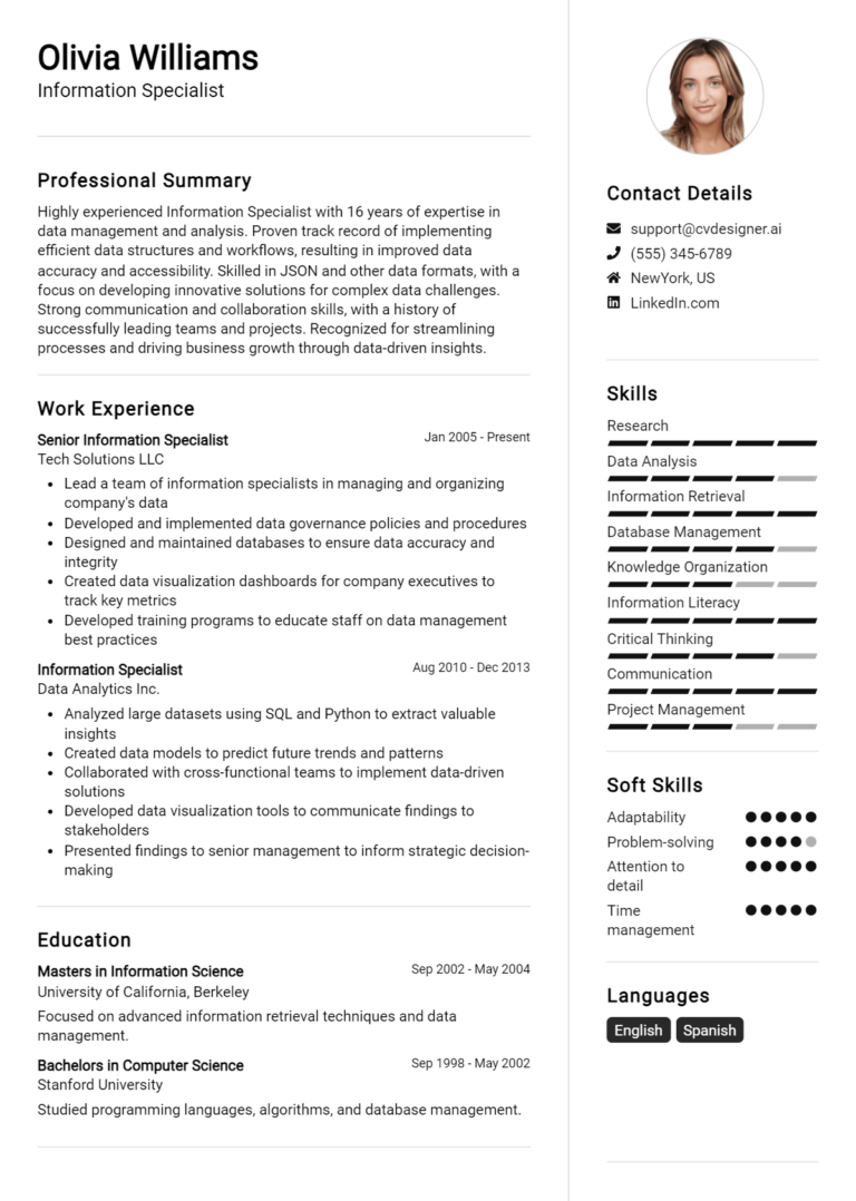 Information Specialist Resume Example for 2025: Tips & Templates