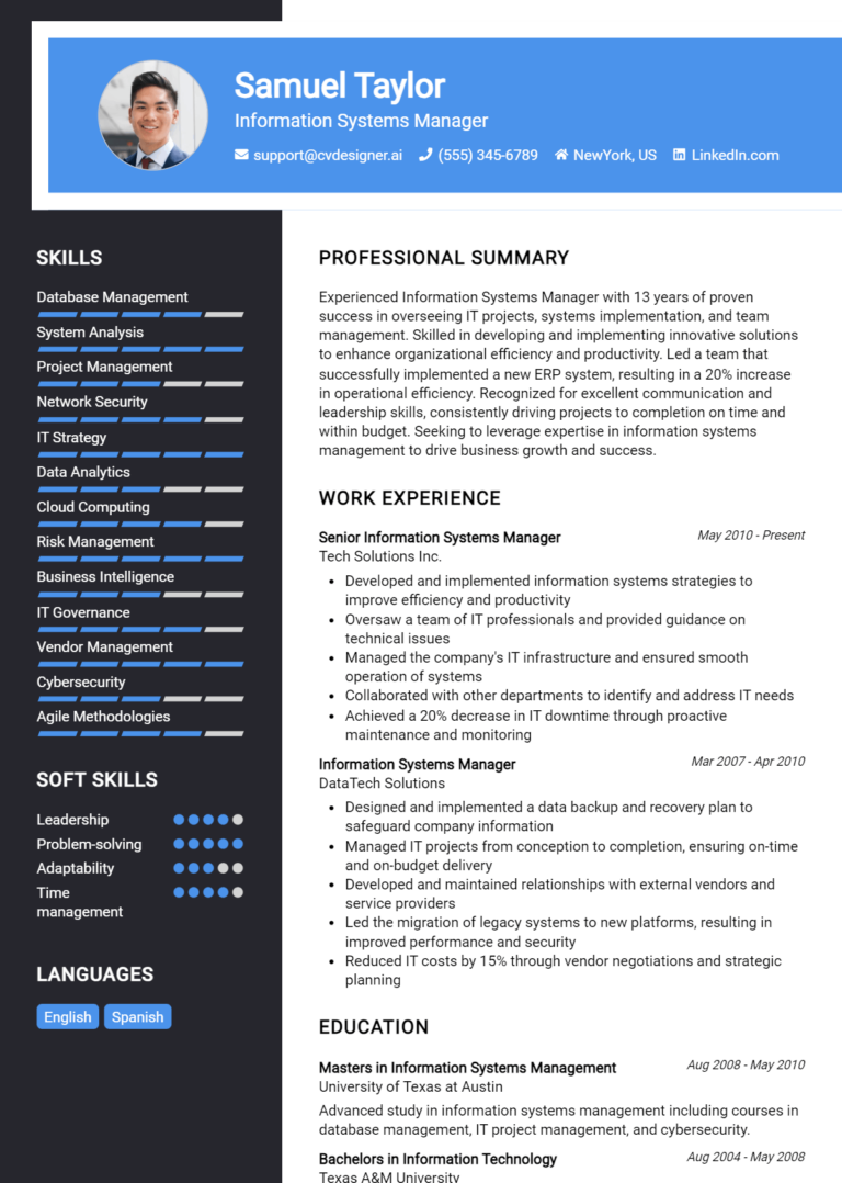 16 Information Systems Manager Resume Examples And Templates for 2025