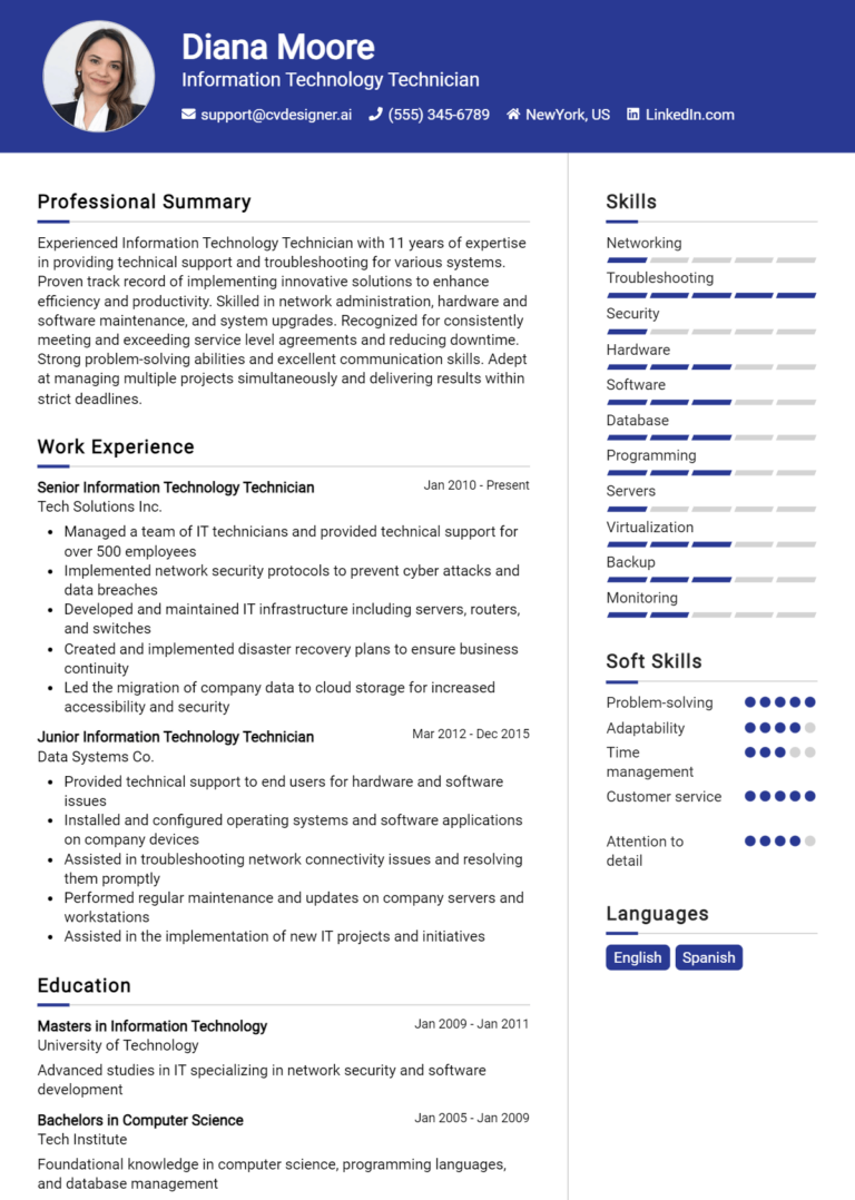 Information Technology Technician Resume Example for 2025: Tips to Stand Out