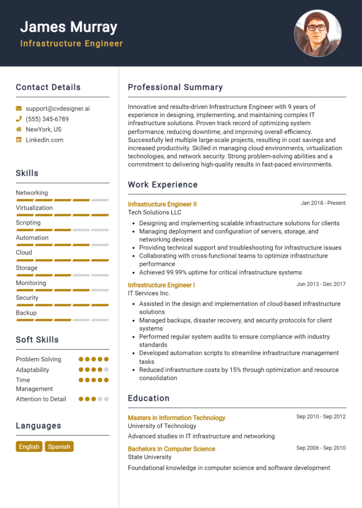 Infrastructure Engineer Resume Example for 2024: Resume Guide ...