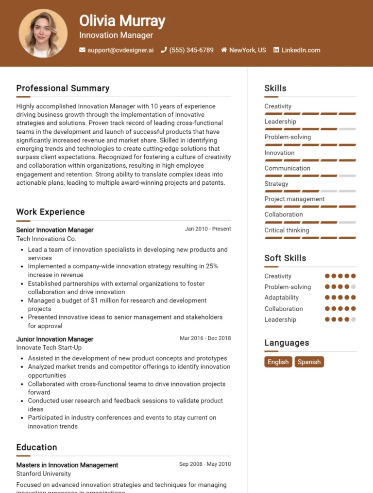 Innovation Manager CV Example For 2025: Expert Tips & Templates