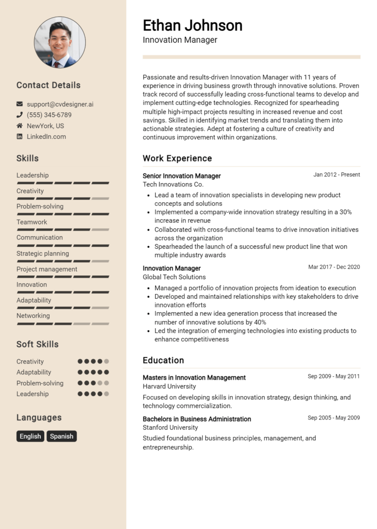 Innovation Manager Resume Example for 2025: Free Templates