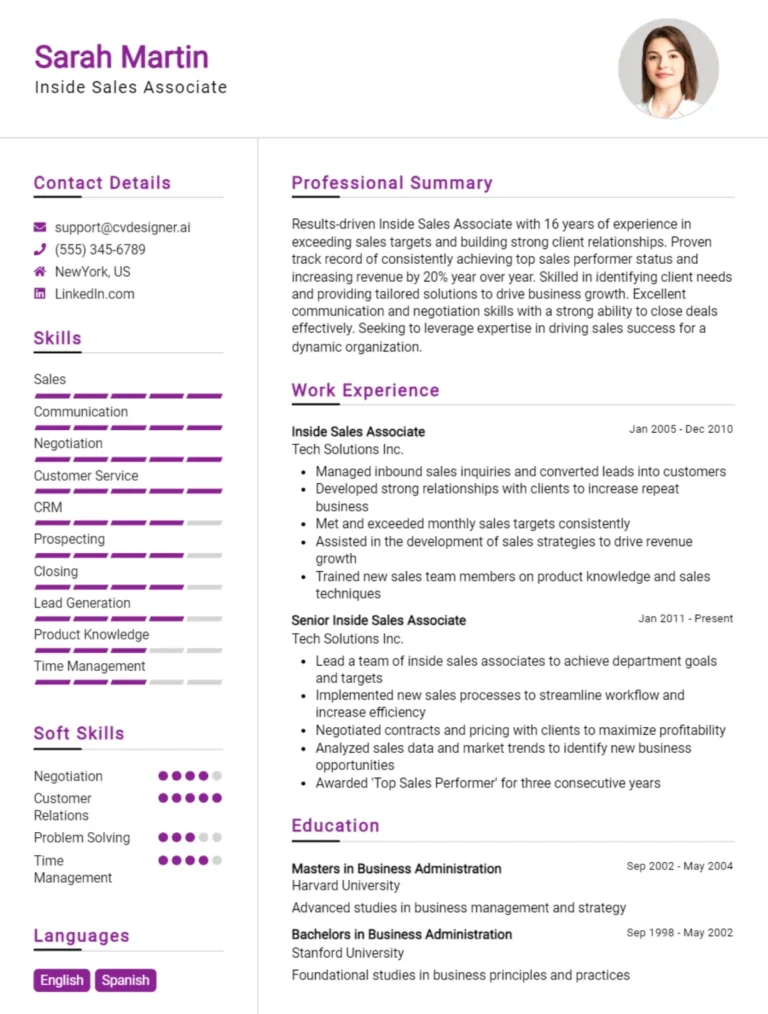 Inside Sales Associate CV Example For 2025: How to Create a Professional CV