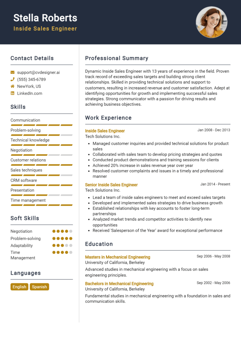 Inside Sales Engineer Resume Example for 2025: Downloadable Templates