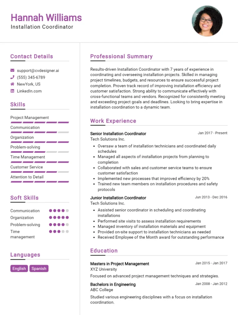 Installation Coordinator CV Example For 2025: Expert Tips & Templates