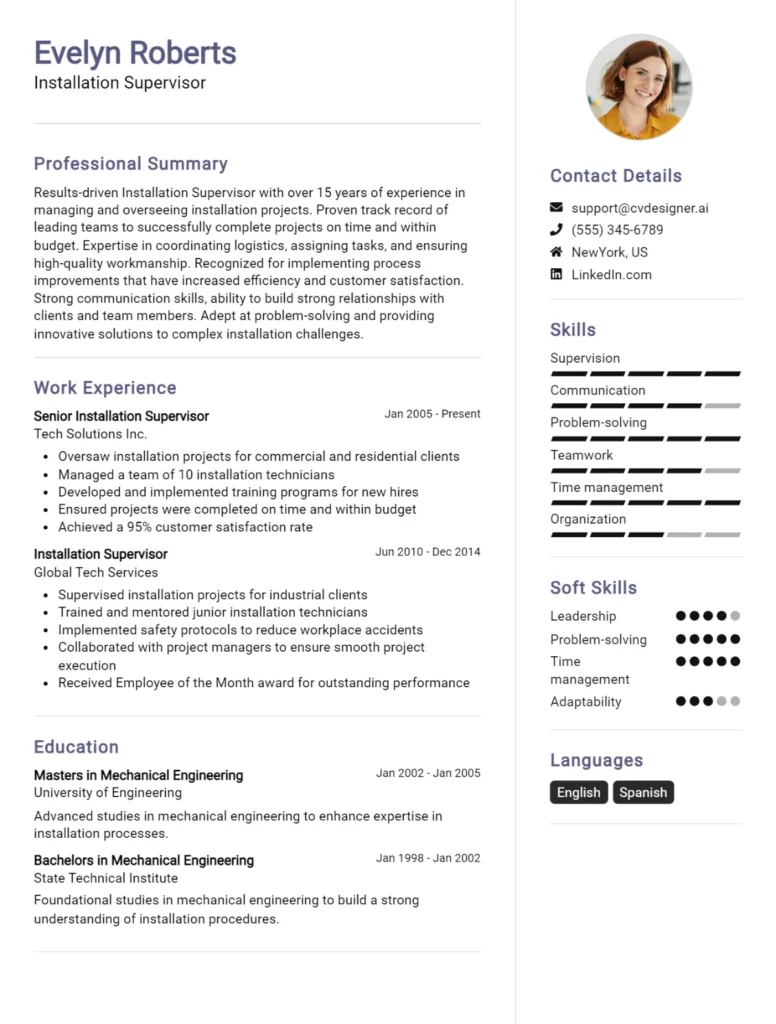 Installation Supervisor CV Example