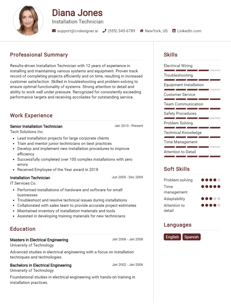 Installation Technician CV Example