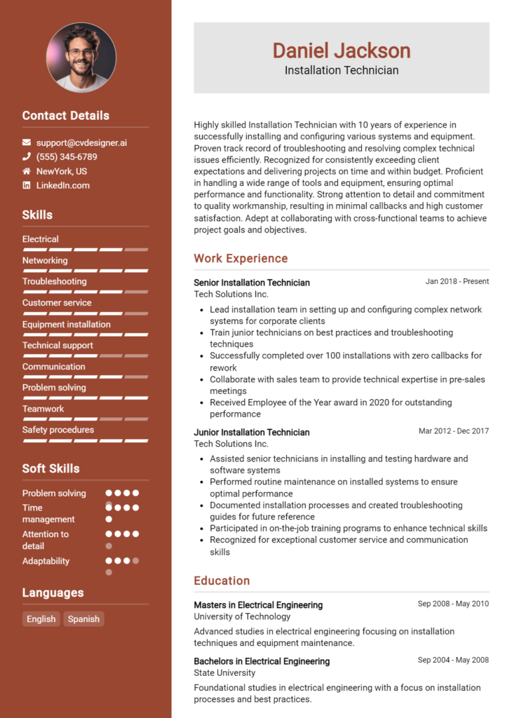 Installation Technician Resume Example