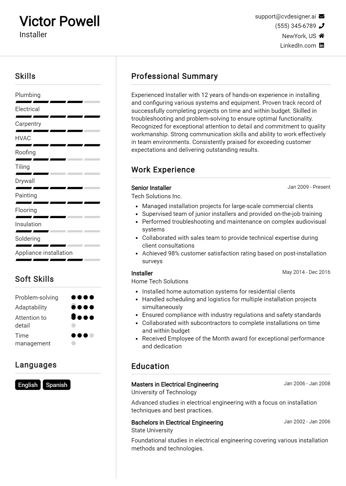 Installer Resume Example