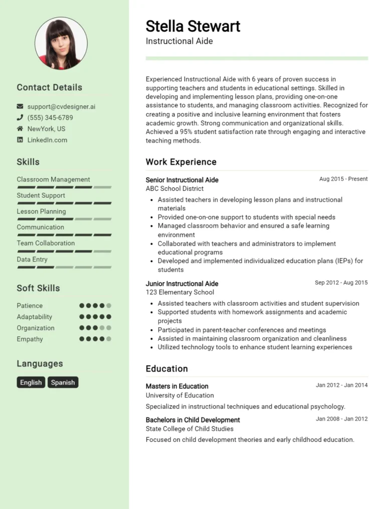 Instructional Aide CV Example For 2025: Tips to Stand Out