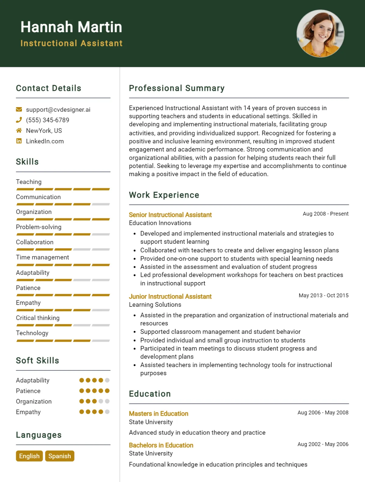 Instructional Assistant CV Example