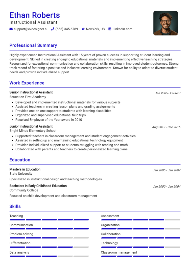Instructional Assistant Resume Example for 2025: Free Professional Templates