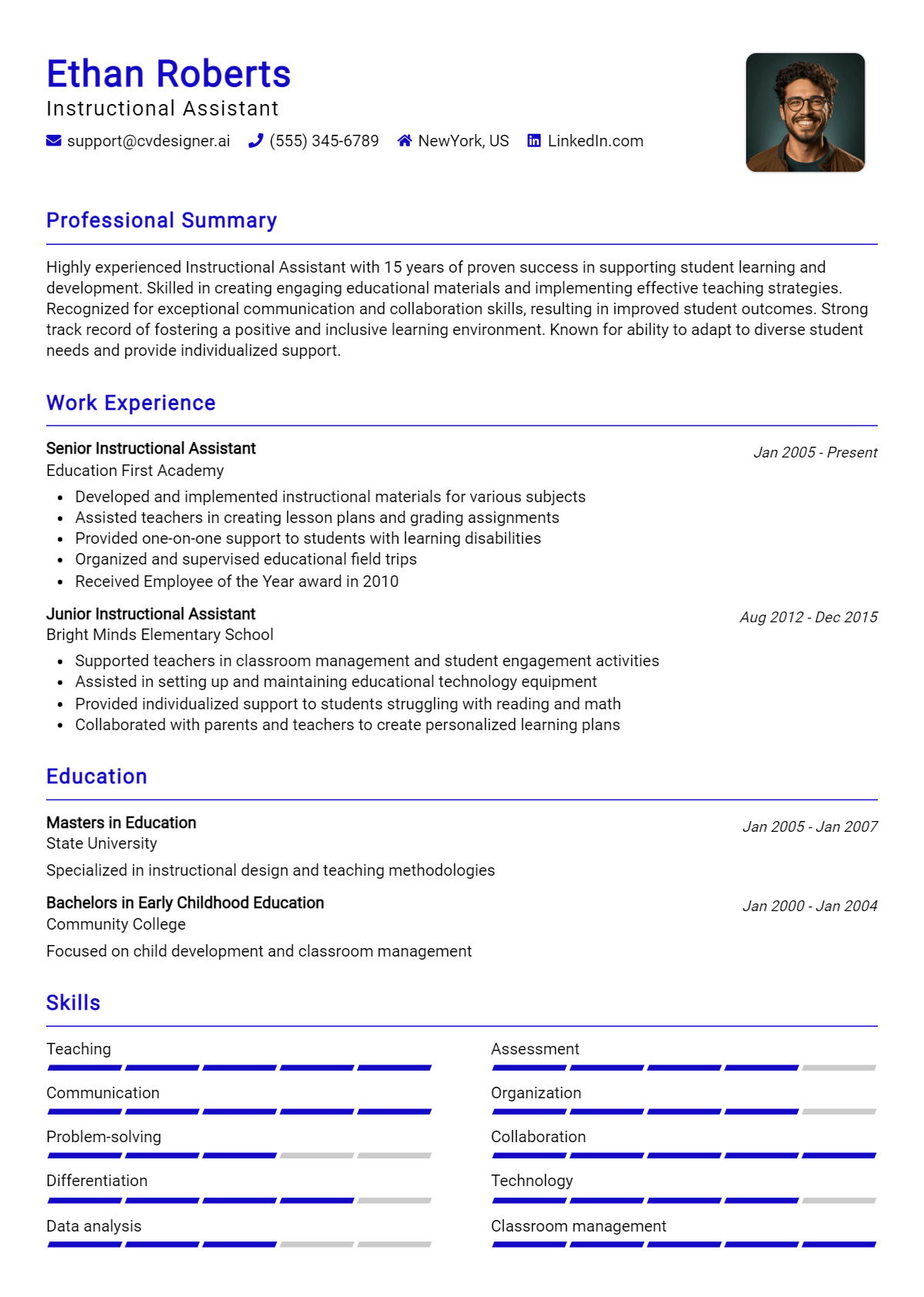Instructional Assistant Resume Example