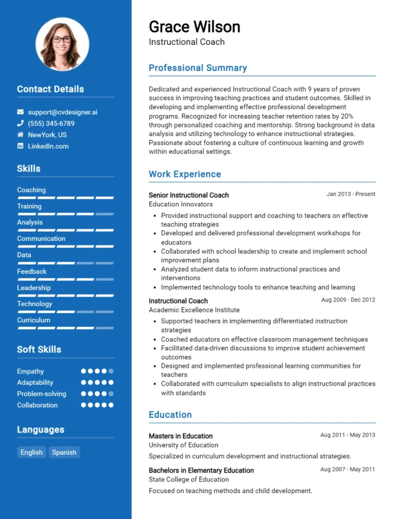 Instructional Coach CV Example For 2025: Tips to Stand Out