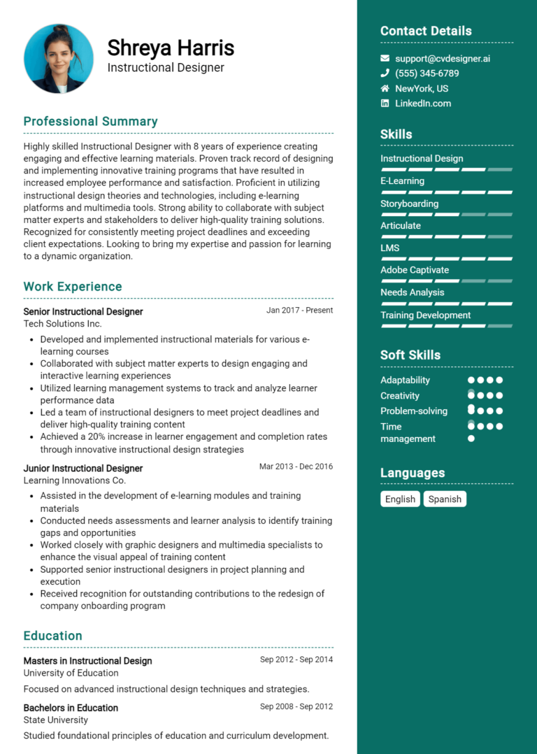 Instructional Designer Resume Example for 2025: Tips & Templates