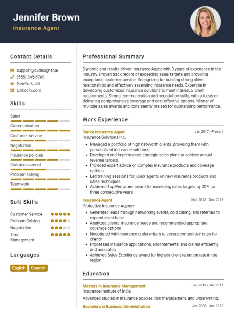 Insurance Agent CV Example For 2025: Examples & Free Templates