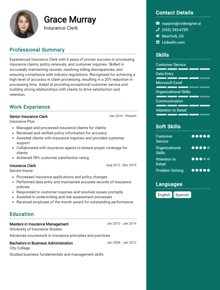 Insurance Clerk CV Example For 2025: How to Create a Professional CV