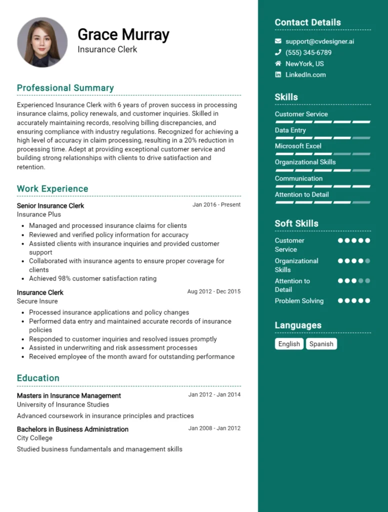 Insurance Clerk CV Example