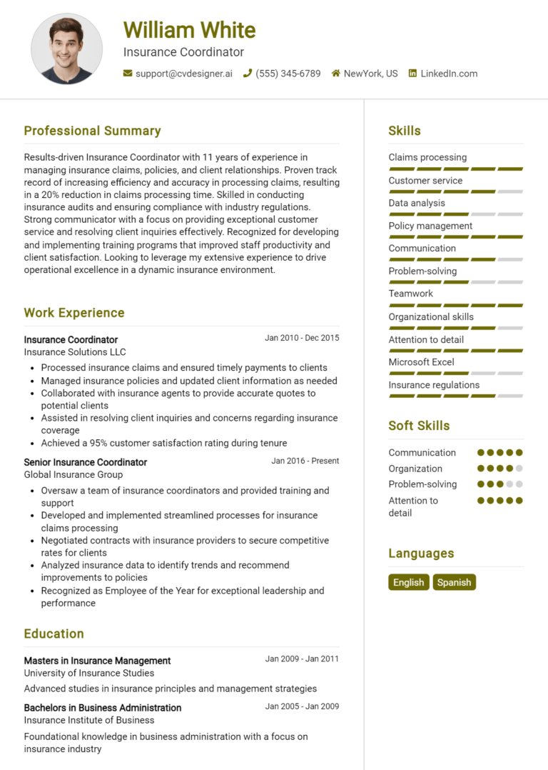 Insurance Coordinator Resume Example for 2025: Best Writing Guide