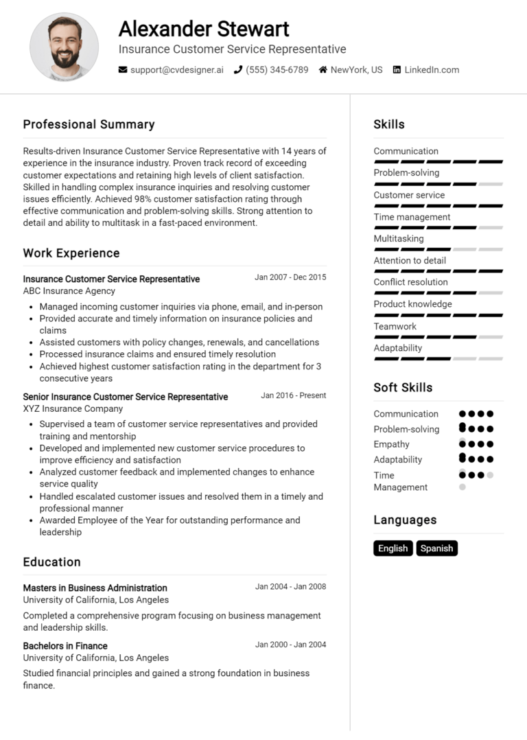 Insurance Customer Service Representative Resume Example for 2025: Professional CV Templates