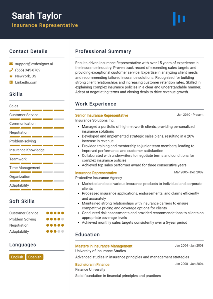 Insurance Representative Resume Example