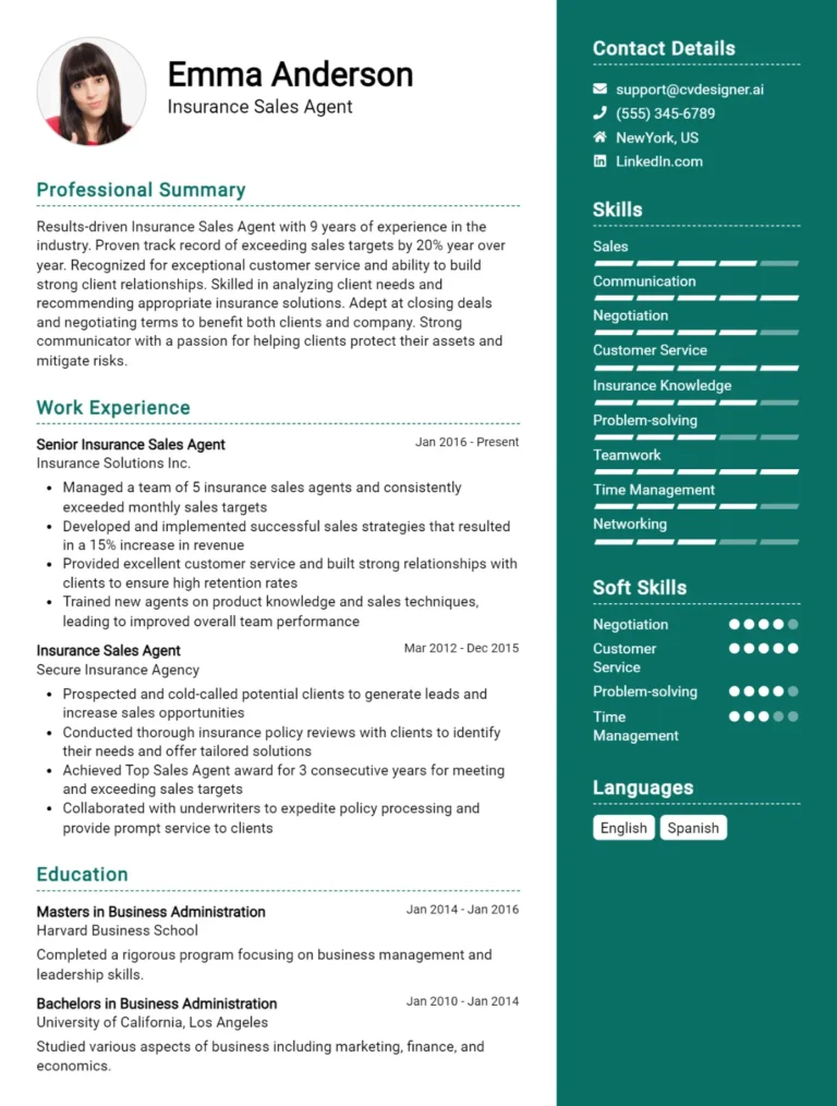Insurance Sales Agent CV Example For 2025: Free Professional Templates
