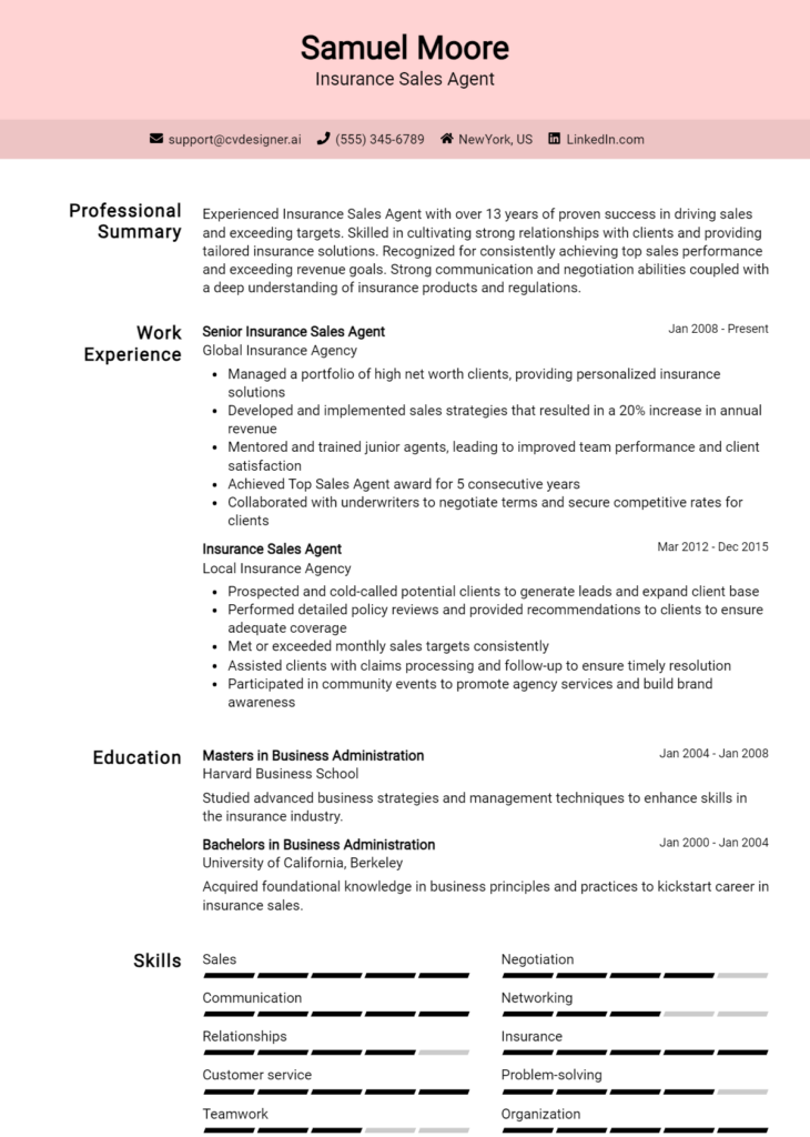 Insurance Sales Agent Resume Example