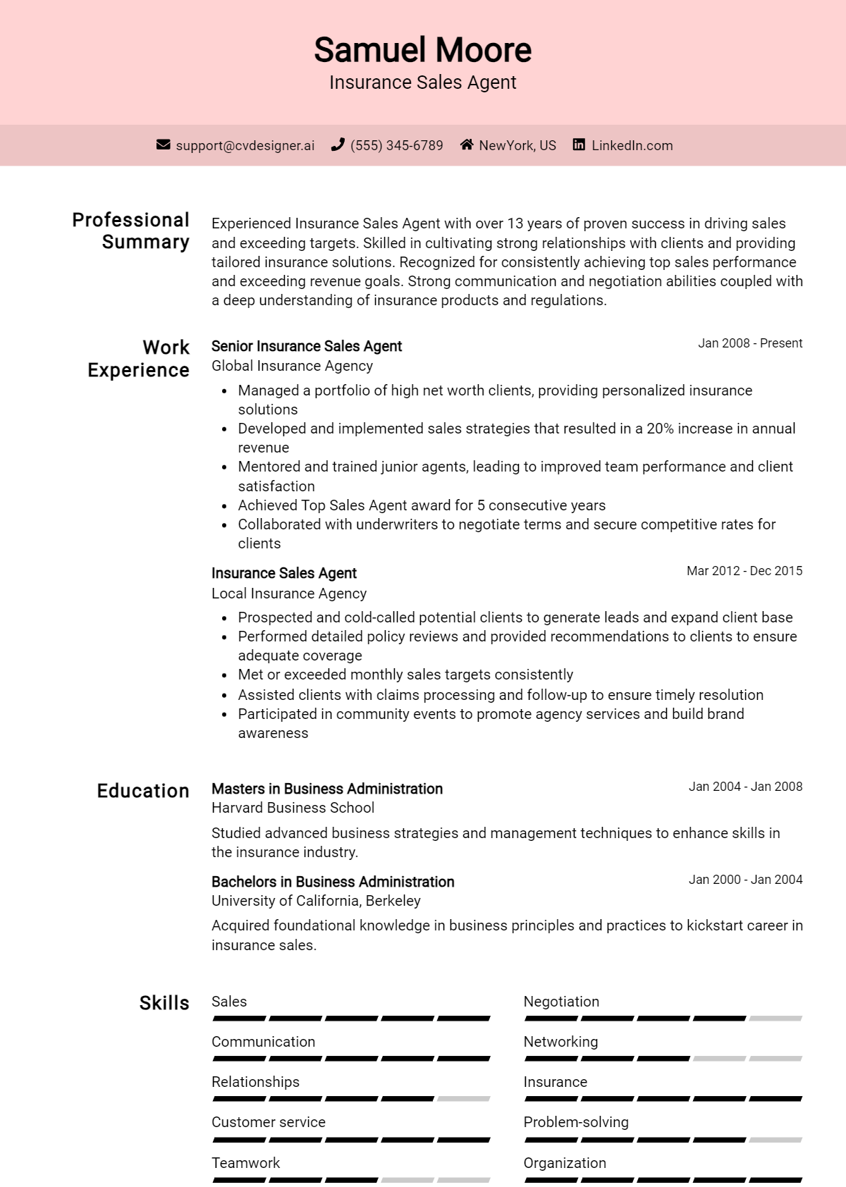 Insurance Sales Agent Resume Example