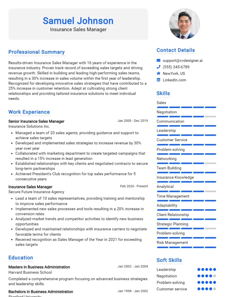 Insurance Sales Manager CV Example