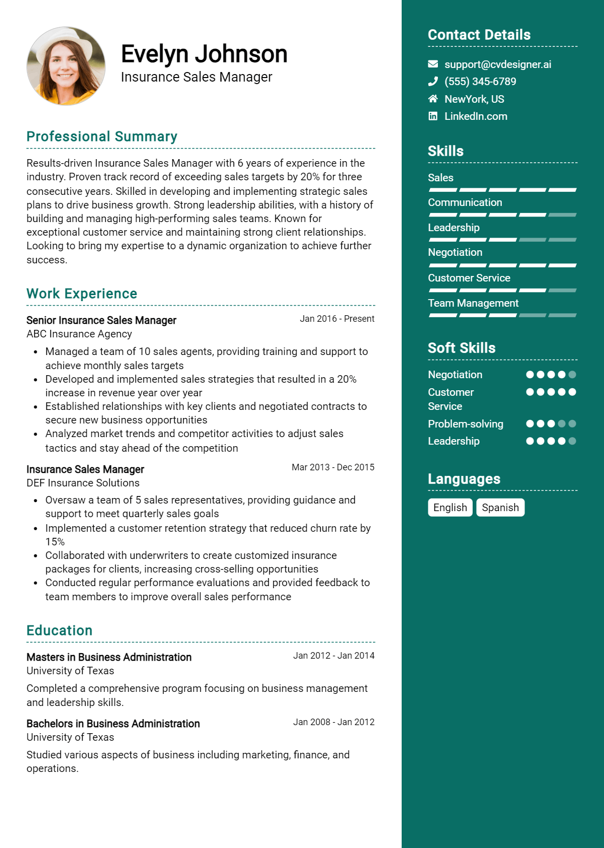 Insurance Sales Manager Resume Example