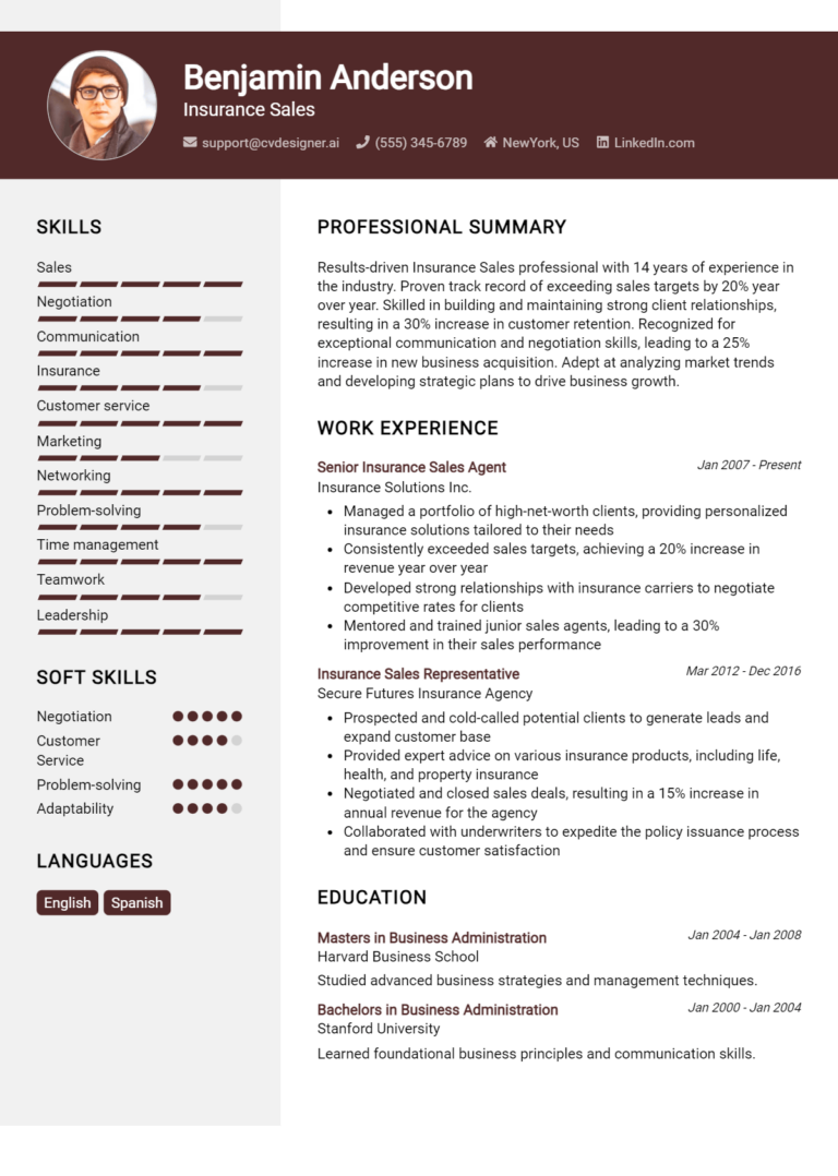 Insurance Sales Resume Example for 2025: Writing Guide