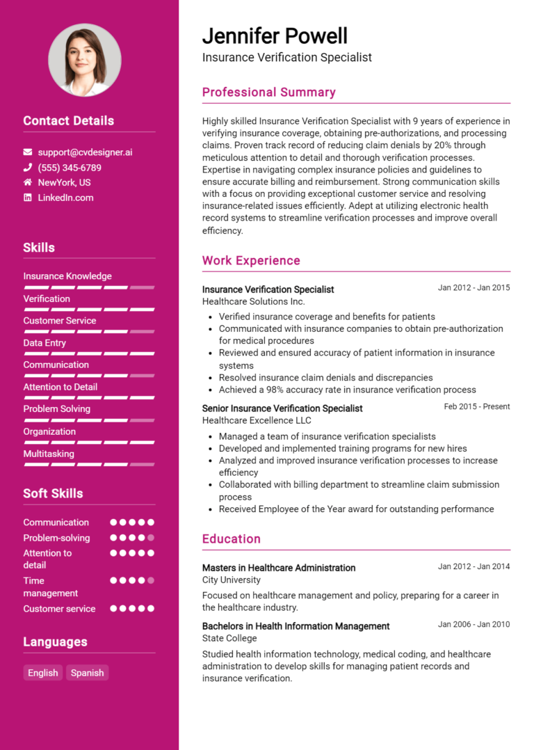 Insurance Verification Specialist Resume Example for 2025: Free Professional Templates