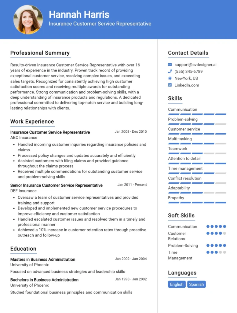 Insurance Customer Service Representative CV Example