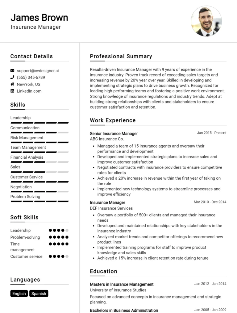 Insurance Manager CV Example For 2025: Best Writing Guide