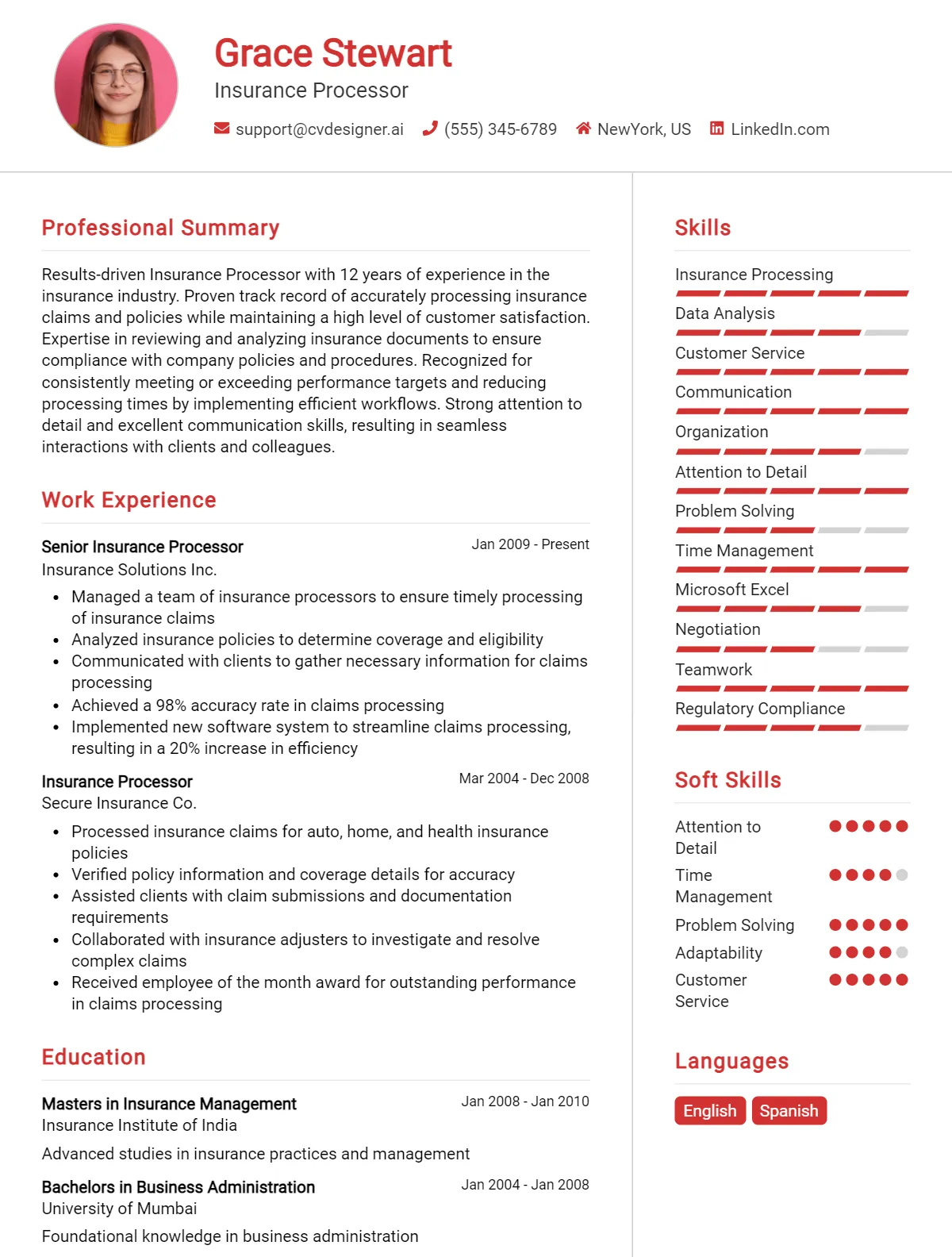 Insurance Processor CV Example