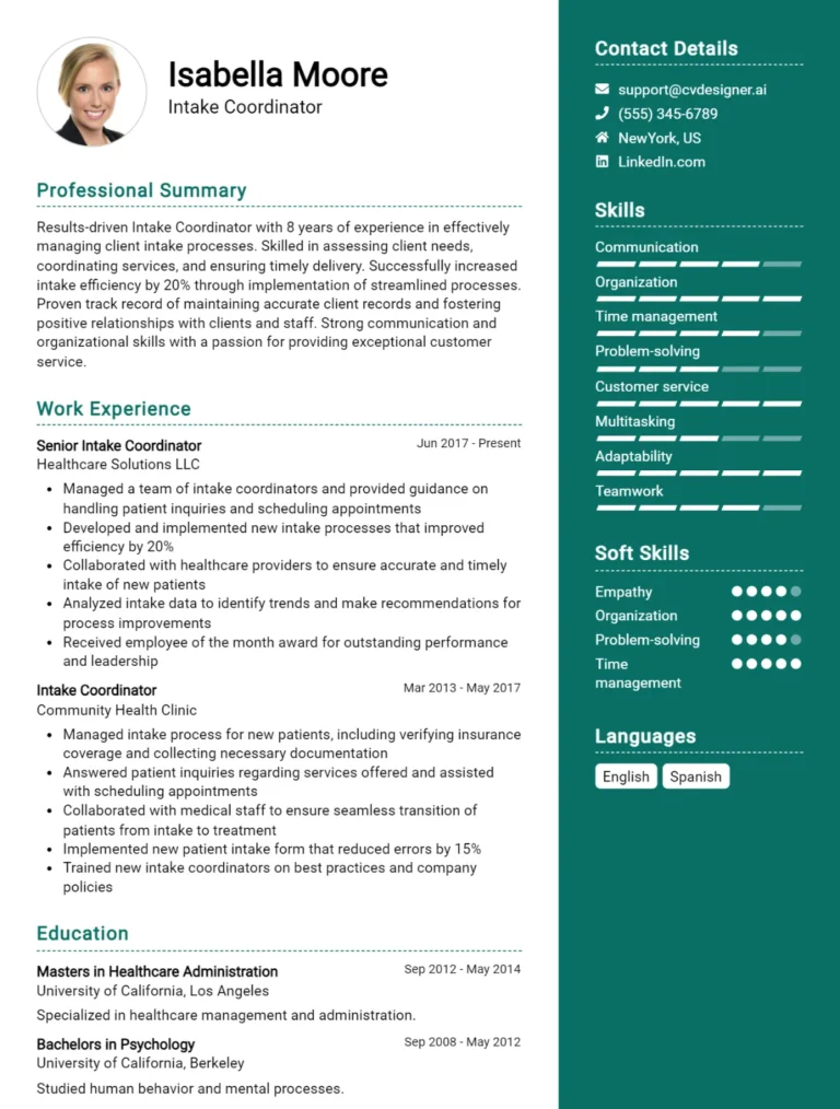 Intake Coordinator CV Example For 2025: Free Professional Templates