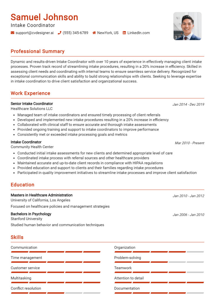 Intake Coordinator Resume Example For 2024 Ultimate Guide Cvdesigner Ai