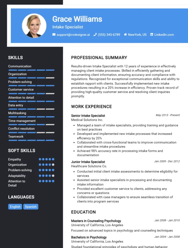 Intake Specialist CV Example For 2025: How to Create a Professional CV