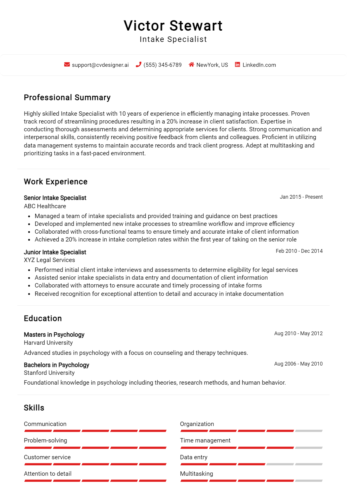 Intake Specialist Resume Example
