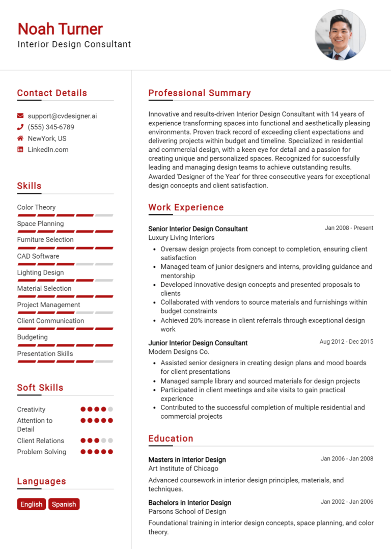 Interior Design Consultant Resume Example for 2025: Free Professional Templates