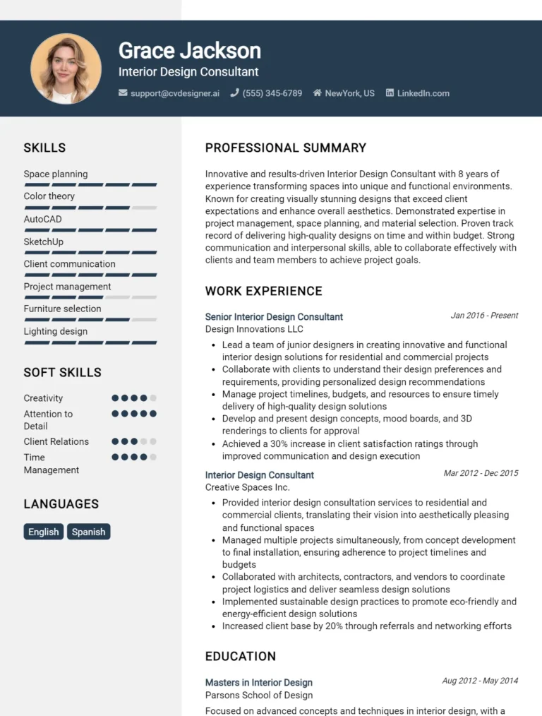 Interior Design Consultant CV Example For 2025: Expert Tips & Templates