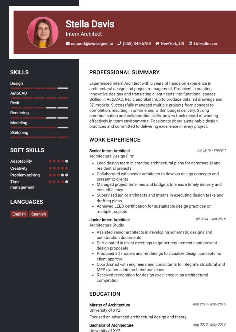 Intern Architect Resume Example for 2025: Free Professional Templates