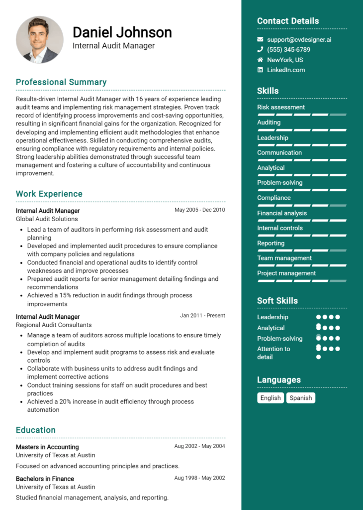 Internal Audit Manager Resume Example