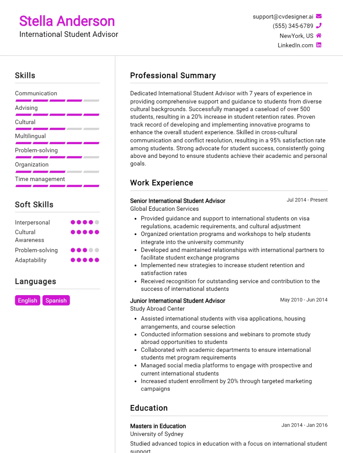 International Student Advisor CV Example