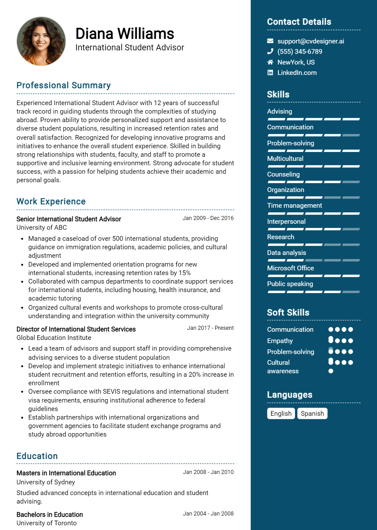 International Student Advisor Resume Example