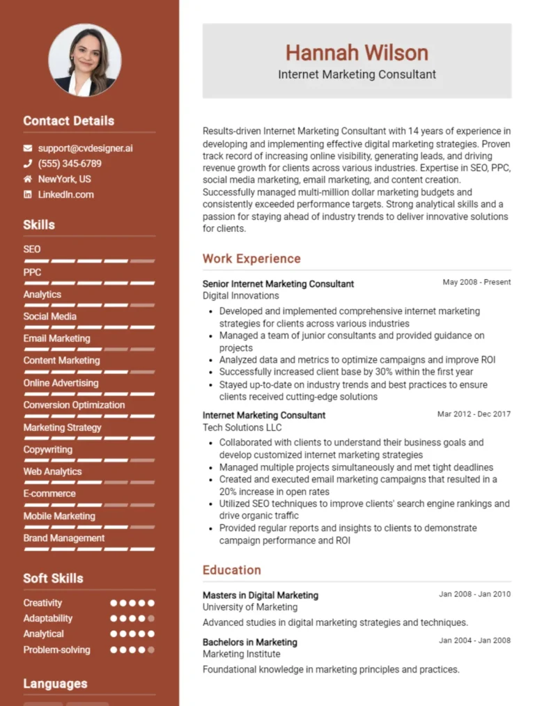 12 Internet Marketing Consultant CV Examples And Templates For 2025