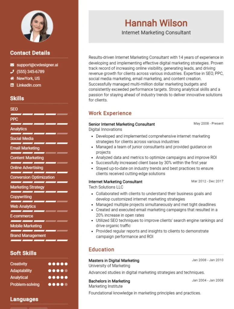 Internet Marketing Consultant CV Example