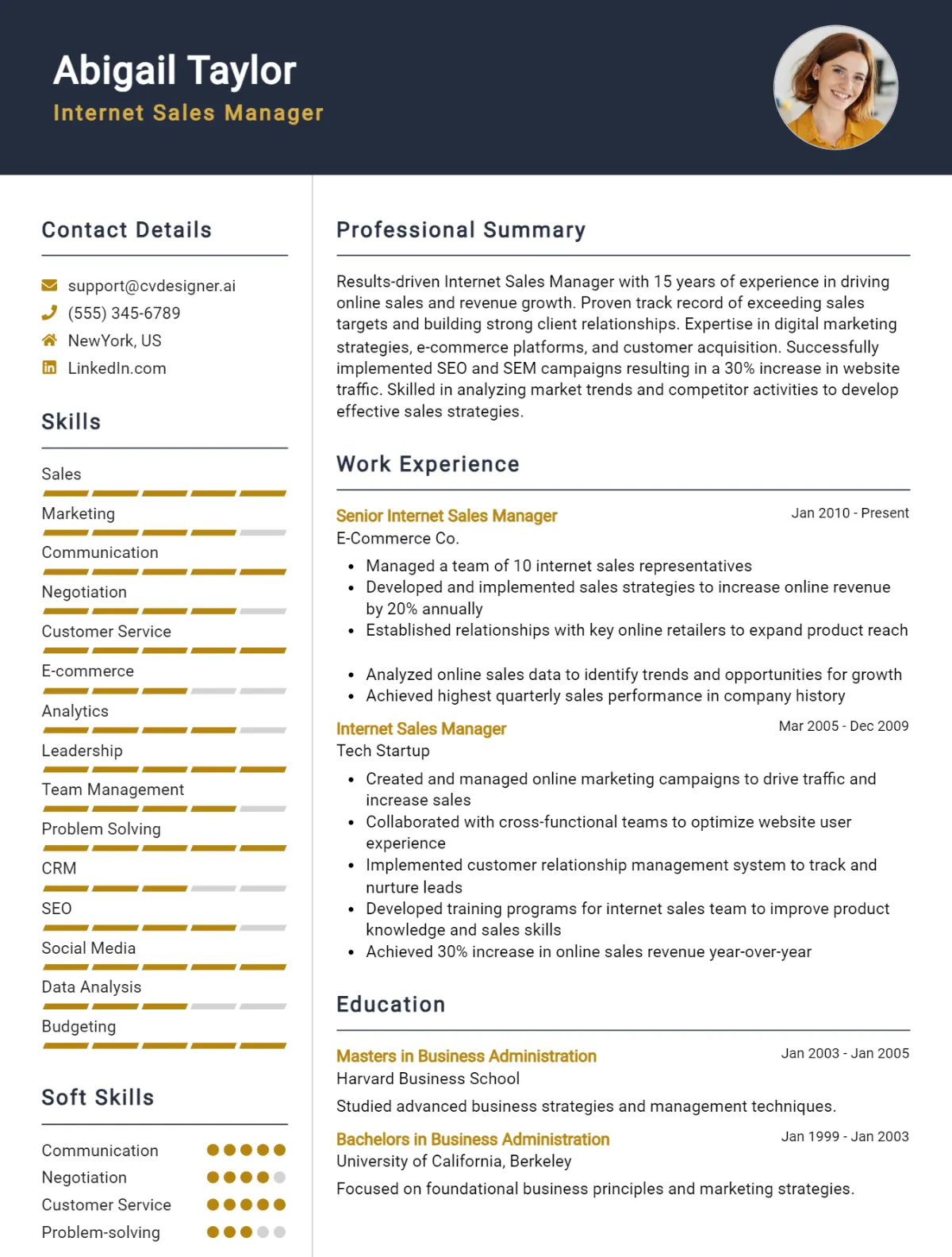 Internet Sales Manager CV Example